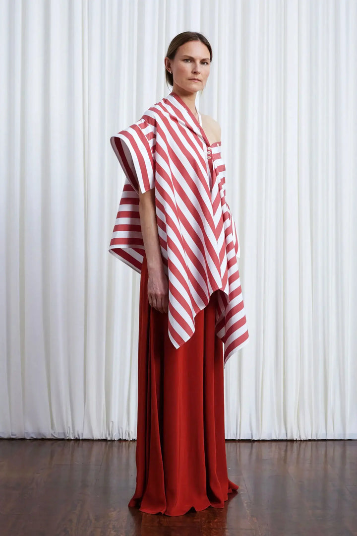 Haven Shirt, red wide striped cotton off shoulder loose shirt