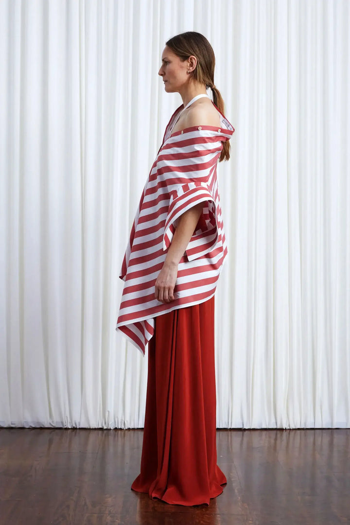 Haven Shirt, red wide striped cotton off shoulder loose shirt