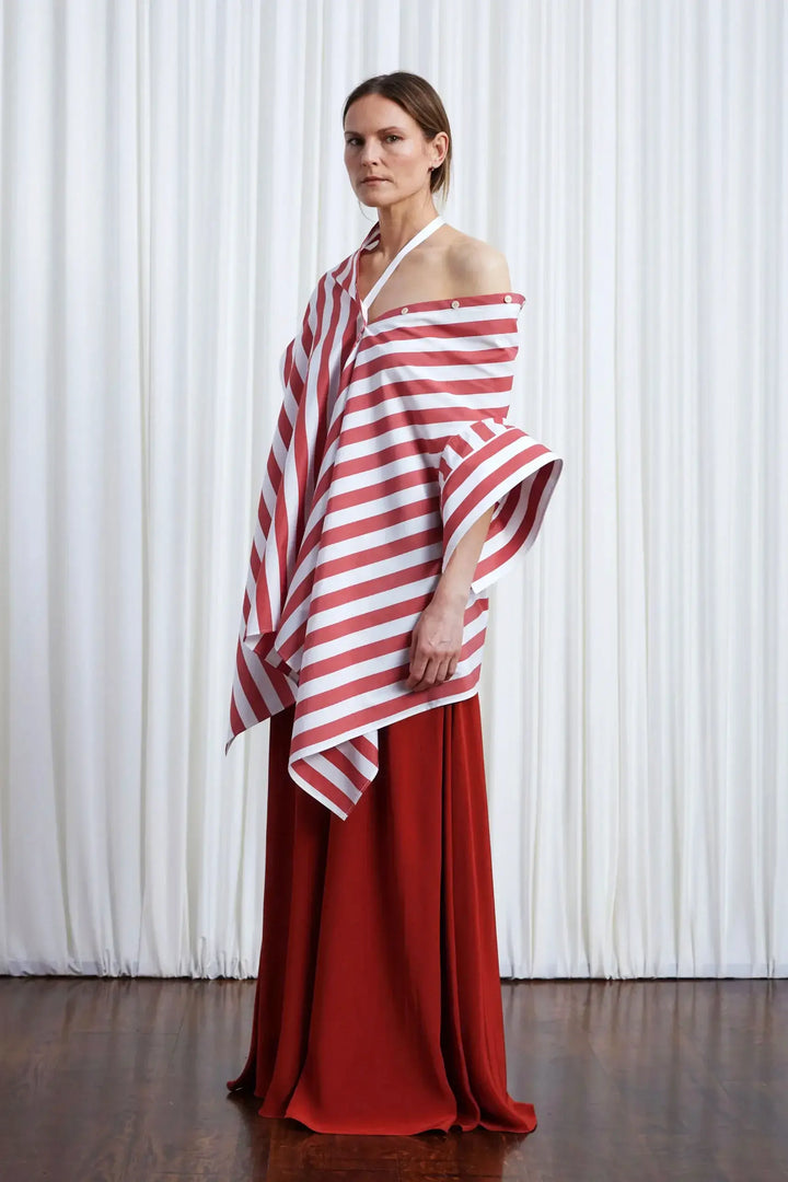 Haven Shirt, red wide striped cotton off shoulder loose shirt