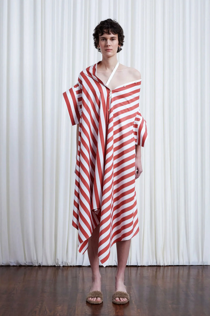 Haven Dress, red wide striped cotton off shoulder loose dress