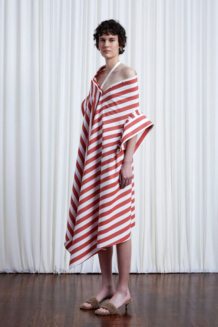 Haven Dress, red wide striped cotton off shoulder loose dress