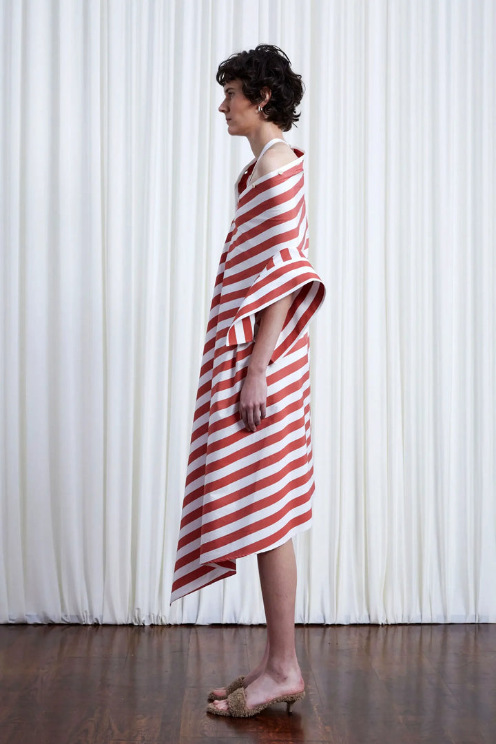 Haven Dress, red wide striped cotton off shoulder loose dress