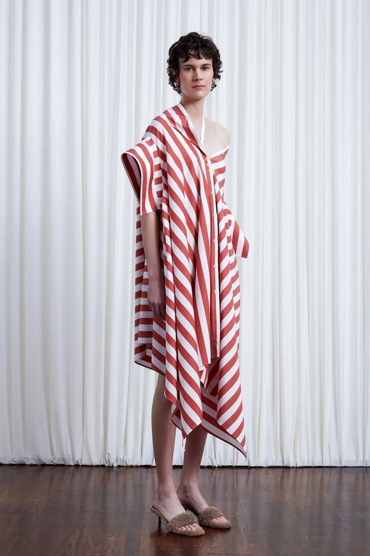 Haven Dress, red wide striped cotton off shoulder loose dress
