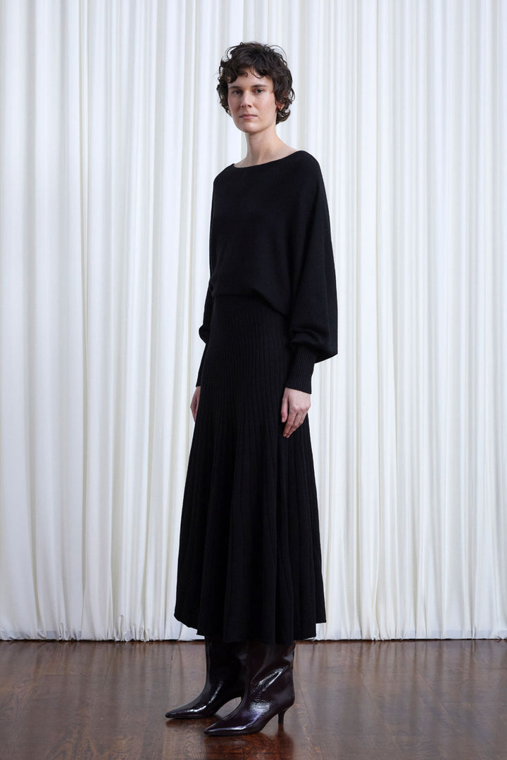 Hazy Dress, black wool draped knit dress