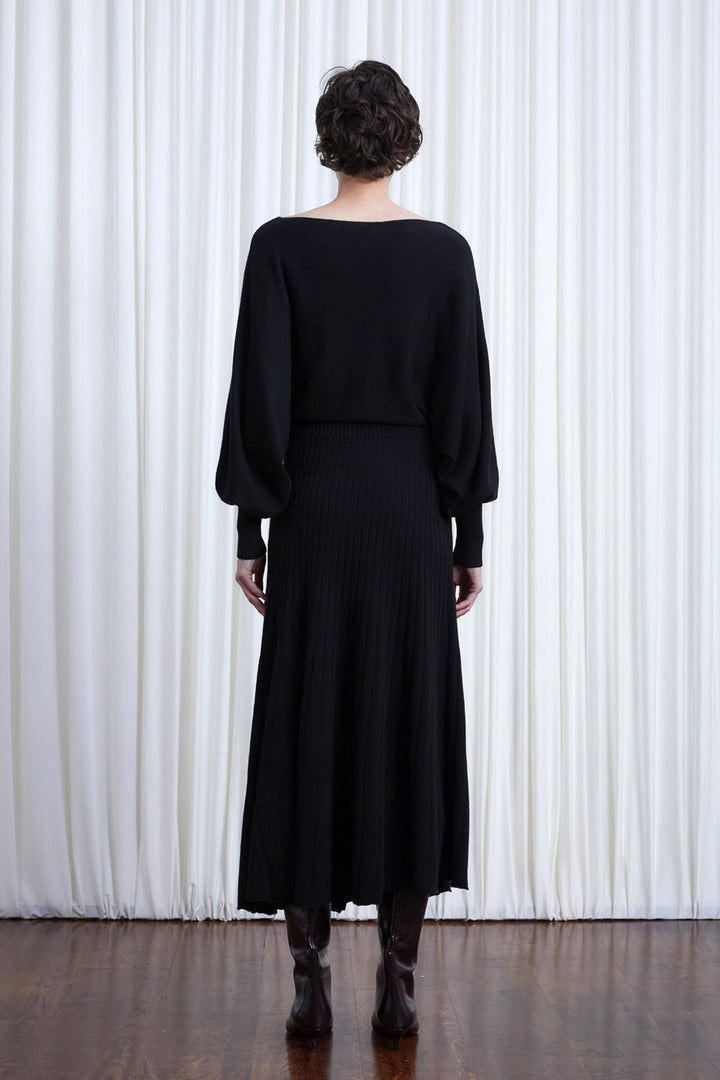 Hazy Dress, black wool draped knit dress