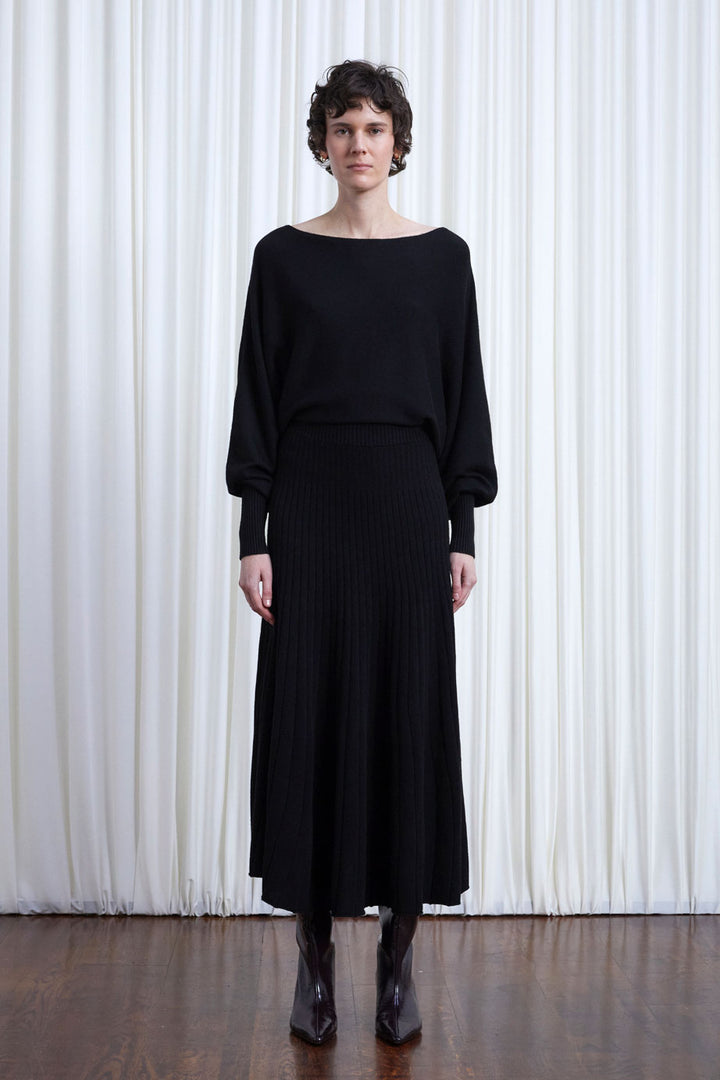 Hazy Dress, black wool draped knit dress