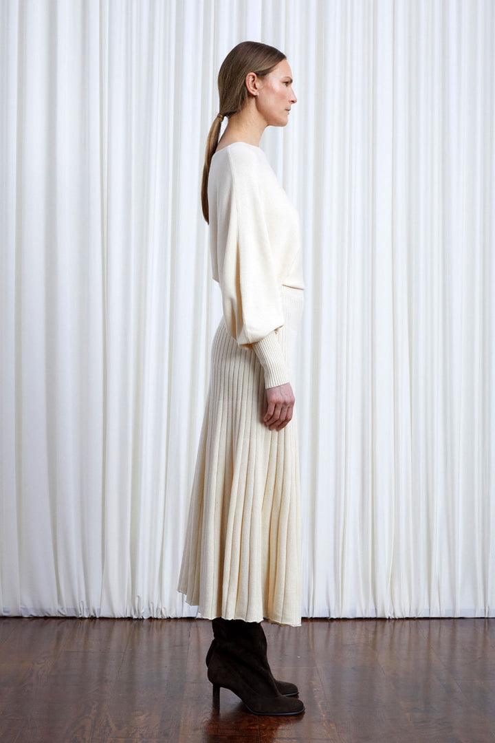 Hazy Dress, cream wool draped knit dress